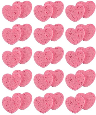 30 spugne per il viso compresse, tamponi di cotone a forma di cuore, panni per la pulizia del viso, nappa per la pulizia, spugna per il viso riutilizzabile (rosa)