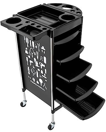 TESUGN Friseurwagen, Salon Rollwagen mit 5 ausziehbaren Schubladen, Home Friseurwagen Arbeitswagen Rollwagen mit Faltbare Gerätehalter, Tragfähigkeit 100kg Für Beauty Salon(Schwarz)