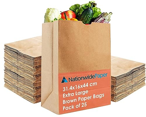 Nationwide Paper Extra Large 25 Pcs Brown Paper Bags No Handles Strong Takeaway Paper Bags for Grocery, Fruits, Vegetables 31.4x16x44cm