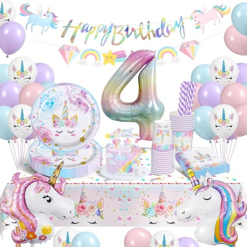 YIMAKJ Einhorn Party Geschirr Set für 4 Jahre Party - Luftballons, Pappteller, Servietten, Tischdecke - Kinderdeko