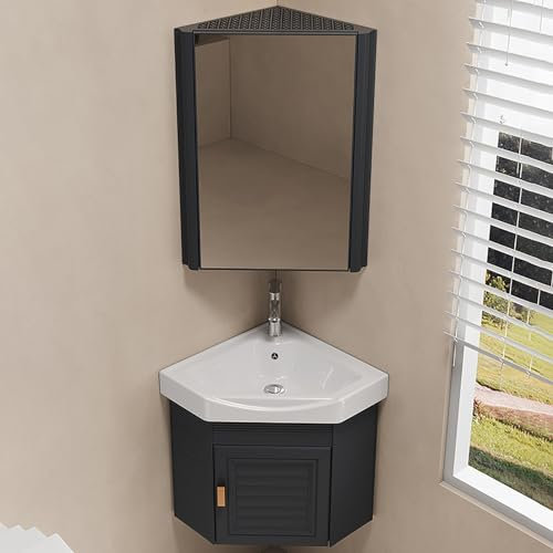 LLYLAFDC Lavello Piccolo Ad Angolo,Lavello da Cucina in Ceramica, A Parete Lavello da Bagno, Mobile Lavatoio Lavanderia,a Vasca Singola Lavabo Triangolare,Liscio, Durevole, Antiruggine(Balck,38cm)