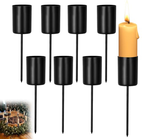 8 stycken ljushållare, adventskrans, adventsljushållare, svart, metall, adventskrans, ljusstake, ljuspiker för stavljus, för gör-det-själv adventsgirlang, dekoration, jul