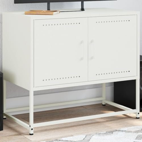 Homgoday Meuble TV blanc 68,5 x 39 x 60,5 cm en acier, meuble TV salon, meuble bas pour TV de salon industriel, support TV