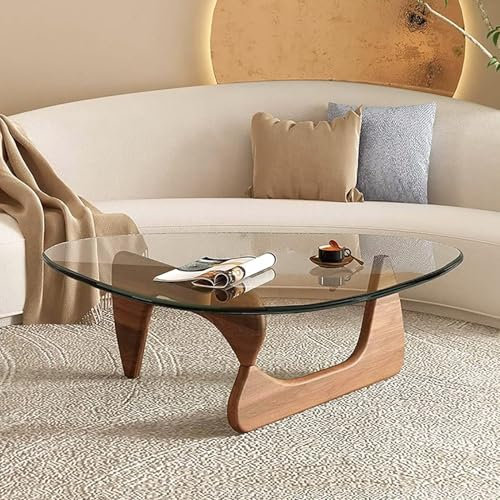 MZBDYYF Table Basse Triangulaire Moderne du Milieu du siècle avec Dessus en Verre et Base en Bois pour Le Salon - Conception Ovale rétro pour Le Bureau à Domicile - Finition Brune Naturelle