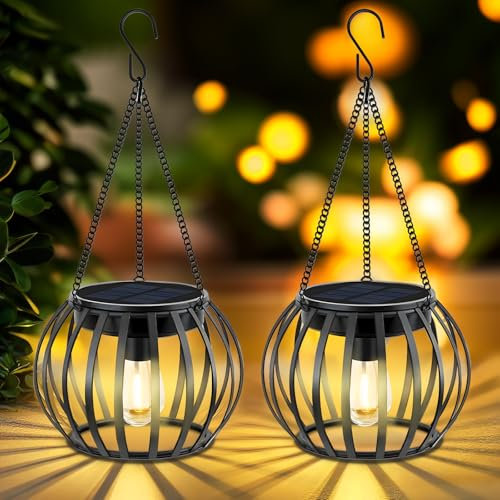 Ulikey Solarlampen für Außen Hängend, 2 Stück Solarlaterne für Außen, IP65 Wasserdicht Solarleuchten mit Haken und Kette, Solar Laternen für Draußen für Terrasse Rasen Balkon Hof Gartendeko