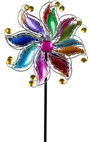 formano Moulin à vent coloré en métal - 122 cm - Décoration de jardin - Piquet de fleurs - Répulsif contre les pigeons - Pierres acryliques - Décoration extérieure - Fleur en métal