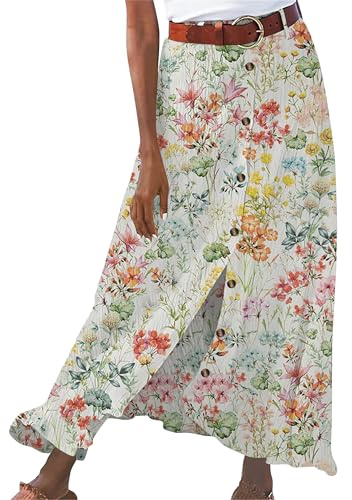BOFETA Donne Gonna Casual A Ruota Gonne A Pieghe in Linea Gonna Lunga A Bottoni Multicolor L