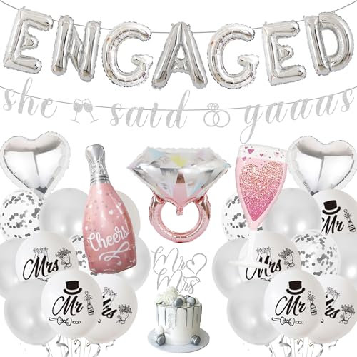 Engagement Party Decorations Engaged Balloons - Silver Glitter Banner Happy Engagement Diamond Ring Foil Latex Balloon, Cake Topper for Wedding Proposal Bridal Shower Party Supplies