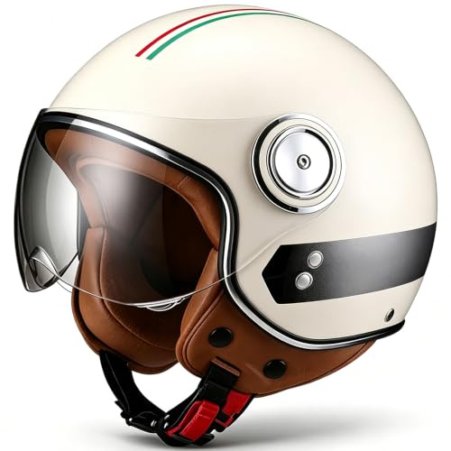 Vintage Motorrad Jethelme, Open Face Helm Vintage Roller Helm für Damen Herren, ECE Zertifiziert Retro Elektrischer Halbhelm mit Sonnenblende, Jet-Helm für Cruiser
