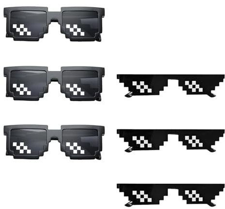 HASLED 6er-Set Pixel Sonnenbrillen Schwarz - Mosaik Design Partybrillen (2 Stile) - Lustige Faschingsbrillen für Karneval & Fotoshooting - Leichte PC-Rahmen mit Harzgläsern