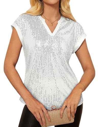 GRACE KARIN Disco Shirts for Women V Neck Cap Sleeve Fall Tops Winter Club Shimmer Glitter Blouse Solid Color Silver M