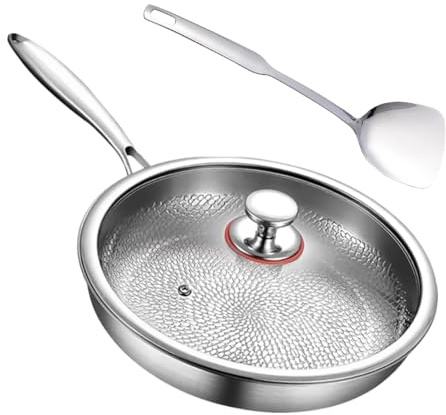 Luieonm Sartén de titanio, sartén de titanio, martillada con tapa, con tapa y espátula, sartenes antiadherentes multifuncionales resistentes a los arañazos para estufas, cocinas de inducción