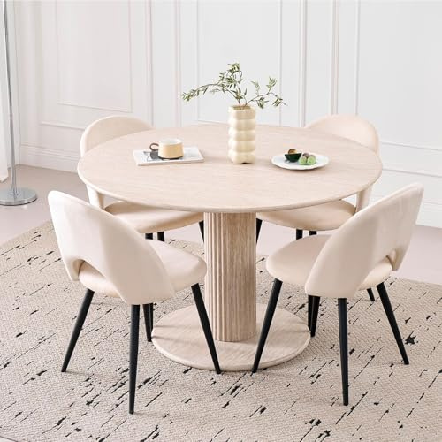DEYARNA HOME Runt matbord set med 4 stolar, bordsset (gul travertintextur) och matstolar för kök, restaurang och kontor (beige)