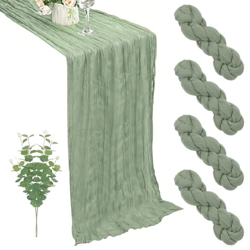 4 Stück Seihtuch Tischläufer Salbeigrün - 90 x 300cm Musselin Tischläufer Salbeigrün Boho Deko, Langen Halbschuhen rustikaler Boho-Tischläufers für Hochzeit, Brautdusche, Party, Bankettdekoration