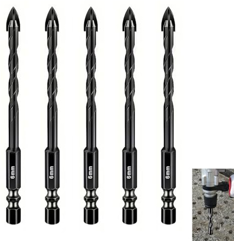 5 Pcs Tile Drill Bit 6mm, Ceramic Drill Bit, Professional Cross Tungsten Carbide Masonry Tip Drill Bits for Tile Brick Glass Porcelain Concrete Plastic Wood Cement Mild Metal for Drilling Holes