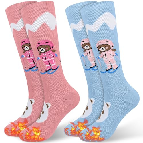 Smlper 2 Pairs Kids Ski Socks 6-12 Years, Warm Thick Knee-High Ski Socks for Boys Girls,Cotton Winter Socks for Snowboarding Hiking Camping