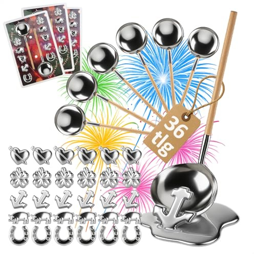 Robin Goods® 36-teiliges Zinngießen-Set mit Figuren und Holzstiel-Löffel - Silvestergießen Partyspiel zum Wahrsagen & Orakeln - Gesunde Alternative zum Bleigießen - Familien-Spaß