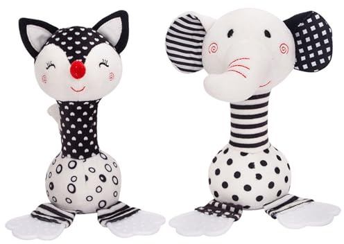 Schwarz-weißes Babyspielzeug 2 weiche Rasseln für Babys im Alter von 0–12 Monaten schwarz-weißes Neugeborenenspielzeug