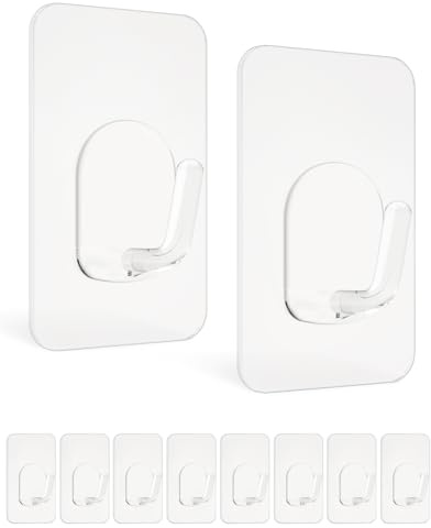 BYSMAH Self Adhesive Hooks, 10 Pack Strong Sticky Clear Wall Hooks Rustproof for Hanging, Kitchen, Bathroom, Keys, Utensils & Home Decor No Drilling