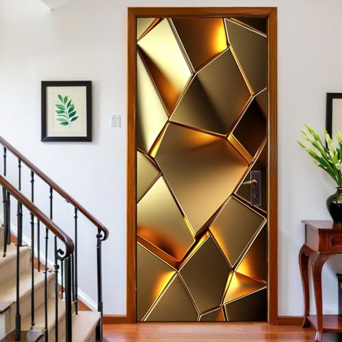 Türposter selbstklebend 95 x 215 cm Abstrakte Geometrische Tapete Türtapete Türfolie Gold Türsticker Türbild Türdekoration für Kinderzimmer Wohnzimmer Küche Schlafzimmer