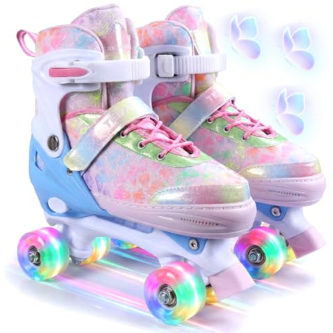 4 Sizes Adjustable Kids Roller Skates for Girls Boys Indoor Outdoor Sports | 4‑Wheel Quad Skates, All Light Up Wheels, Birthday Gifts for childrenTeens Youth Adults