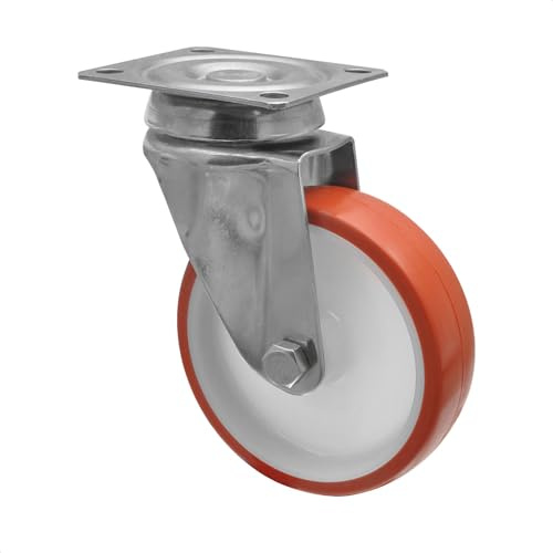 WAGNER Design - PUR - Transportgeräterolle/Schwerlastrolle/Apparaterolle/Lenkrolle - Edelstahl, weiß/rot, Softlauffläche, Durchmesser Ø 100 mm, Tragkraft 150 kg - 04610301