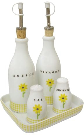 JUEGO ACEITERA VINAGRERA SAL SALERO PIMIENTA PIMENTERO PORCELANA MARGARITA AMARILLO VICHY AMARILLO