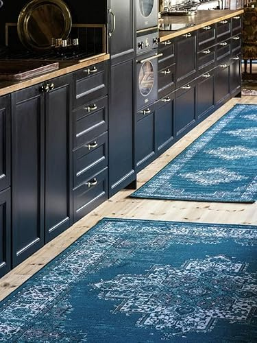 RugVista Vintage Vega Teppich, 80 x 300 cm, Dunkel Blau/Türkis | Vintage, Rechteckig, Mittlerer Stapel, Nur chemische Reinigung, Oeko-Tex 100, Wohnzimmer, Esszimmer, Schlafzimmer, Küche