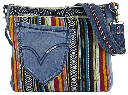 Sunsa Damen Taschen Umhängetasche Handtasche Canvas & Jeans. Große Boho Crossbody Tasche/bag Schultertasche, Geschenkideen für Frauen/Mädchen nachhaltige Produkte 52373 | Bunte Schultertasche mit Verstellbare Henkel. Recycelte Jeanstasche mit viel Fächer. Tasche in Boho stil mot streifen Design