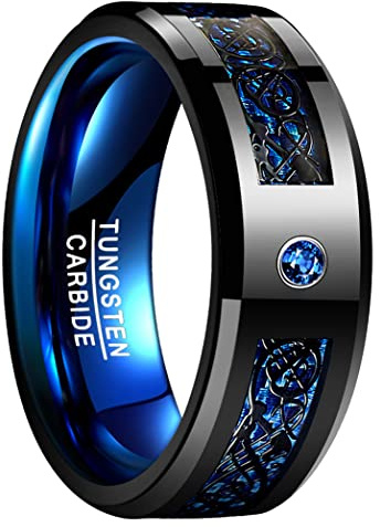 NUNCAD Herren Ring Schwarz Blau aus Wolfram Keltisch Drachen Partnerringe mit Kohlefaser Zirkonia 8mm Breit Hochzeitsring Verlobungsring Freundschaftsring Größe 63.4