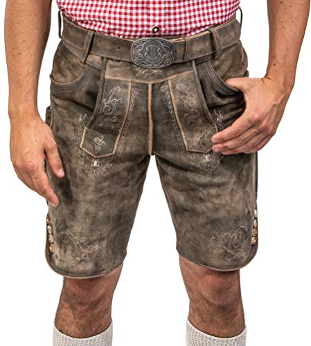 Schöneberger Trachten Couture Herren Lederhose kurz mit Trachtengürtel, traditionelle Vintage Trachtenhose für Oktoberfest aus hochwertigem Wildbockleder, Jakob (48)