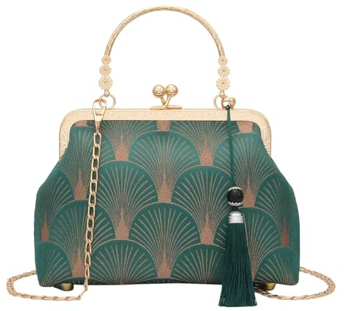 YeBon Retro Schulterkette Messenger Clutch Chinesischer Stil Kran bestickt Jacquard Damen Abendtaschen, Grüner Bambus