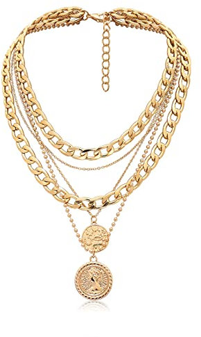 Sttiafay Punk Chunky Kettenkette Übertrieben Geschichtete Kubanische Gliederkette Halskette Mehrschichtig Geschnitzte Münze Anhänger Halskette Dicke Choker Schmuck Für Frauen (Gold)