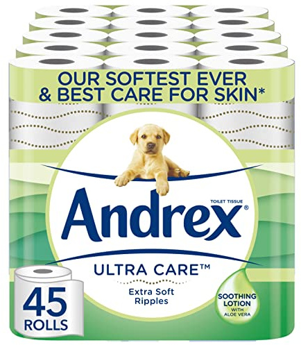 Andrex Ultra Care Toilet Paper - 45 Toilet Roll Pack - contains soothing lotion with Aloe Vera for our best care for skin - Dermatologically Tested (Packaging May Vary)