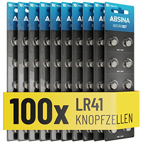 ABSINA AG3 LR41 Knopfzelle 100er Pack - 1,5V Alkaline Knopfzellen auslaufsicher & mit langer Haltbarkeit - LR736 / L736 / G3 / G3A / 3GA / 192 / GP192 / V3GA / RW87 - Knopfbatterien Batterien Batterie