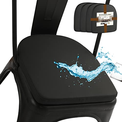 BUYUE 14 Metal Chair Cushions with Magnetic Set of 4, Luxury PU Leather Waterproof Anti-Slip Seat Pads for Kitchen Cafe Dining Bistro Stackable Chairs (U-Shape, Black, 4)