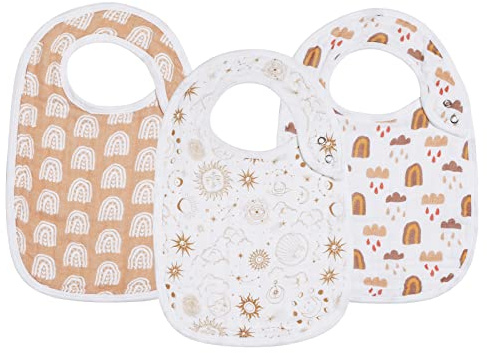 Snap Muslin Bibs for Girls, 3-Pack Baby Bibs for Infants, Newborns and Toddlers, 100% Cotton Muslin Absorbent & Soft Layers, Adjustable Snaps,Rainbow,Cosmos,Clouds