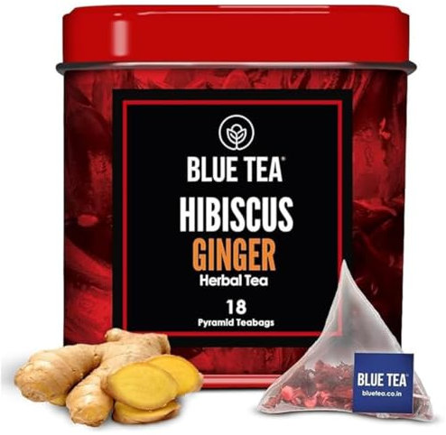 BLUE TEA - Hibiscus Ginger Tea - 18 Biodegradable Tea Bags | SKIN GLOW ENHANCING TEA | Detox Tea | Herbal Tea - Caffeine Free - Gluten Free | Non-GMO | Eco-Conscious Tin Packaging
