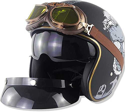Casques De Moto Jet Avec Lunettes Pare-Soleil,Vintage Casques De À Visage Ouvert ECE Certifié Pour Hommes Et Femmes,Retro 3/4 Moto Casque Chopper Cruiser Biker Pilot Crash Casques D,L