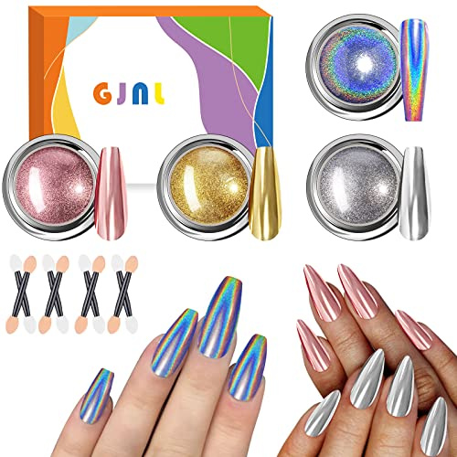 Holographische Chrom Nagel Pulver Set - Geschenke für Frauen, Chrome Nail Powder, Silber Metallic Nagel Pulver