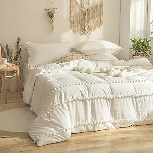 Herside White Duvet Cover Set Double Boho Bedding All Pom Poms Fringed Design Soft Microfibre Shabby Chic Bedding Sets with 2 Pillowcases (White,Double)