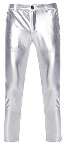 NewL herr nattklubb skinny glänsande guldbelagda metalliska byxor discobyxor, SILVER, XXL