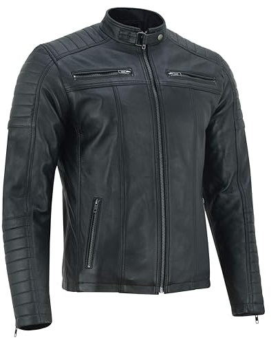 Vance The Leather Company Giacca da motociclista da uomo in vera pelle, 100% pelle di agnello, Nero , XXL