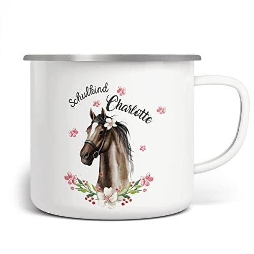 Mikalino Emaille Tasse Schulkind schwarzes Pferd mit Blumenranke und mit Wunschname personalisierte Kindertasse mit Namen bedruckt Becher Emailletasse Geschenk, Farbe:weisssilber, Grösse:300ml