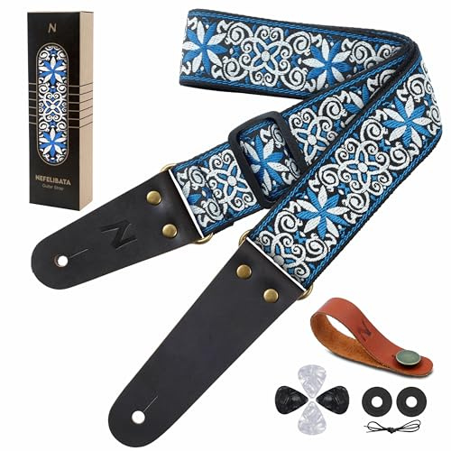 Nefelibata Gitarrengurt, bestickte Baumwollgitarrengurte mit Echtlederenden für Bass-, Elektro- & Akustikgitarren, mit kostenlosem Gurtknopf, 1 Paar Gurtschlössern und 4 Gitarrenplektren