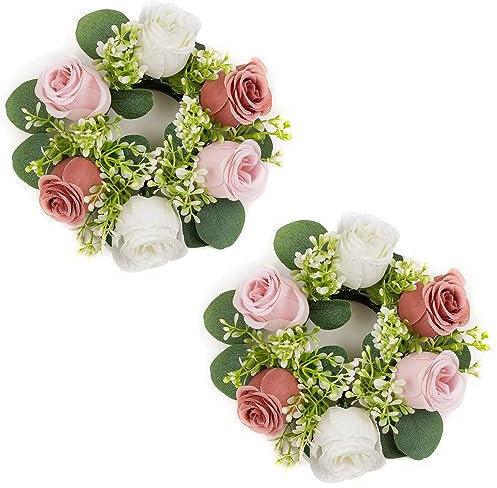 NUPTIO Artificial Flowers Wreath for Decoration - 2 Pcs 22cm Diameter Small Dusty Rose & White Fake Roses Wedding Centrepieces for Tables Spring Summer Wreaths for Front Door Weddings Party Ceremony