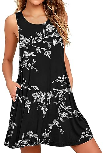 Actcat Strandkleid Damen Sommer Ärmellos Leicht Luftig Casual Kleid | Knielang,mit Taschen,Lässiges T-Shirt-Kleid,Freizeitkleid