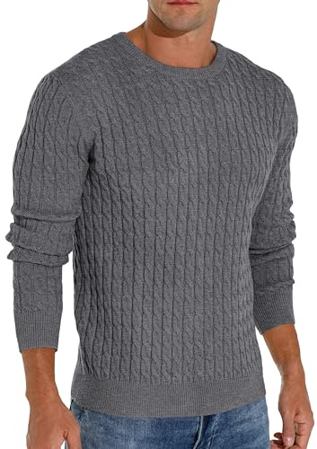 Hisir Suéter de invierno para hombre, de punto trenzado, informal, cuello redondo, cálido, de manga larga, suéter para hombre, gris oscuro, L