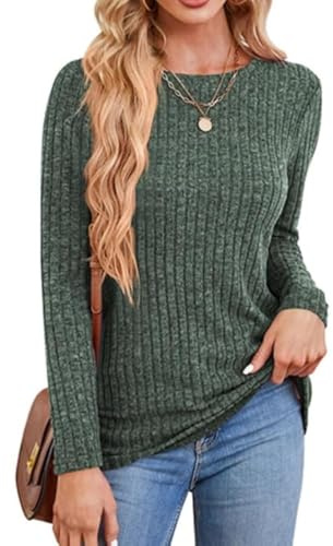 Rongseng Damtröja rund hals långärmad tröja sweatshirt dam tunika toppar långärmad stickad tröja lätt tröja elegant mjuk långtröja toppar ledig lång tröja höst och vinter, Grön, S