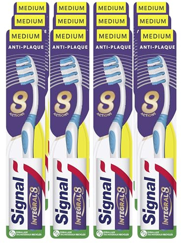SIGNAL - Brosse à Dents Integral 8 Soin Complet - Action anti-plaque 100% prouvée - Accès facile aux dents du fond - Medium (lot de 12 brosses à dents)